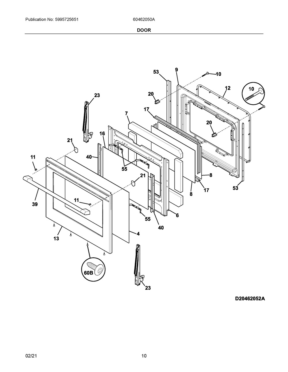 Door Diagram and Parts List for 60462050A  Frigidaire Range