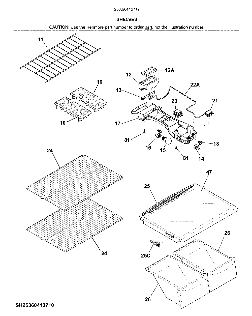 Shelves Diagram and Parts List for 25360413717  Kenmore Refrigerator