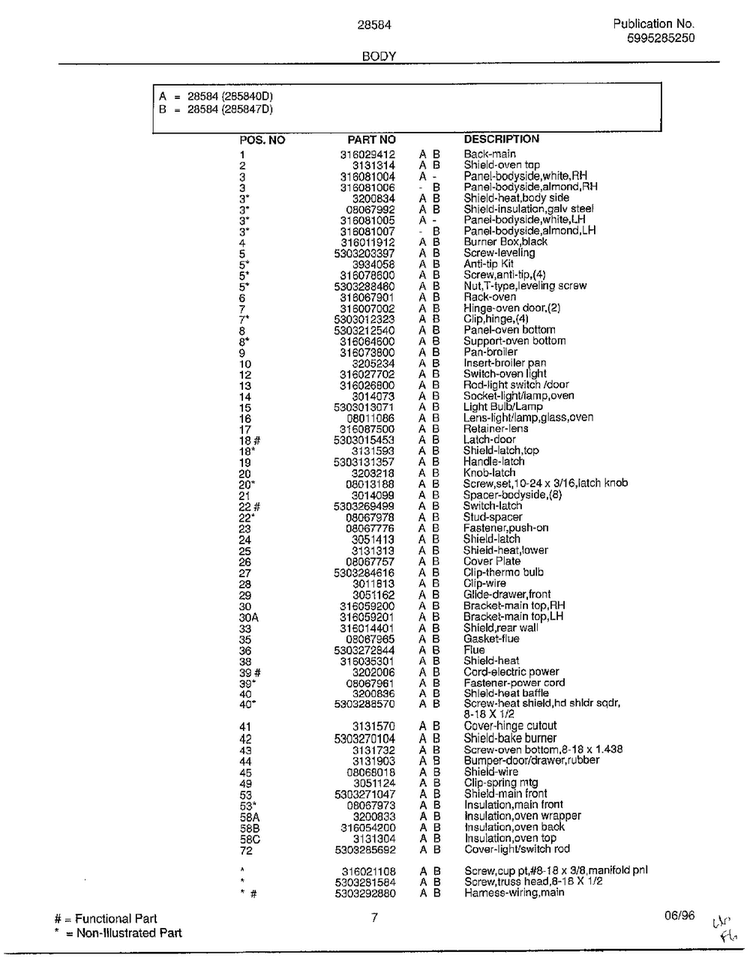 Body Page 2 Diagram and Parts List for 285847D  Frigidaire Range