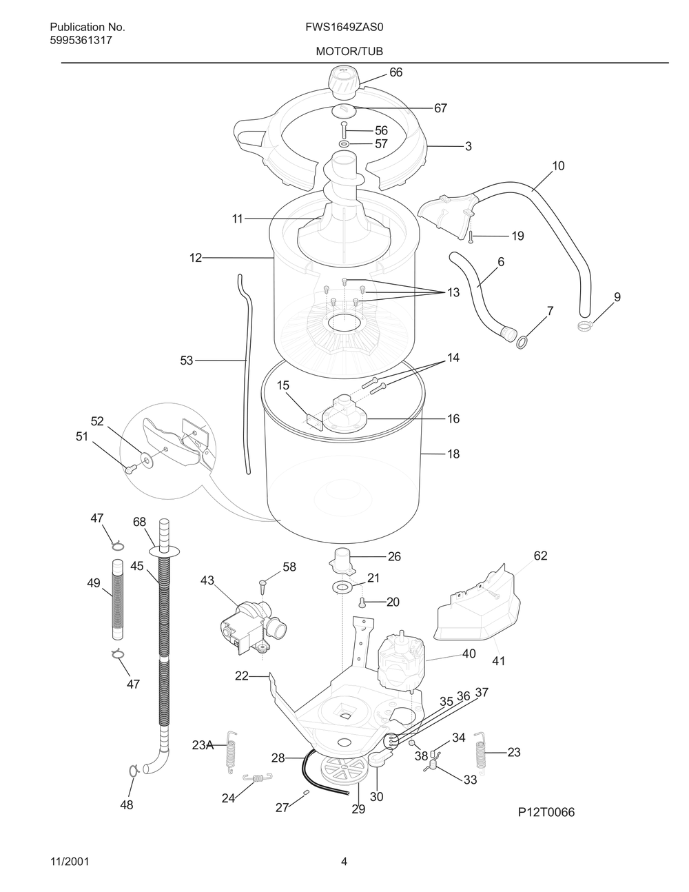 Motor/Tub Diagram and Parts List for FWS1649ZAS0  Frigidaire Washer