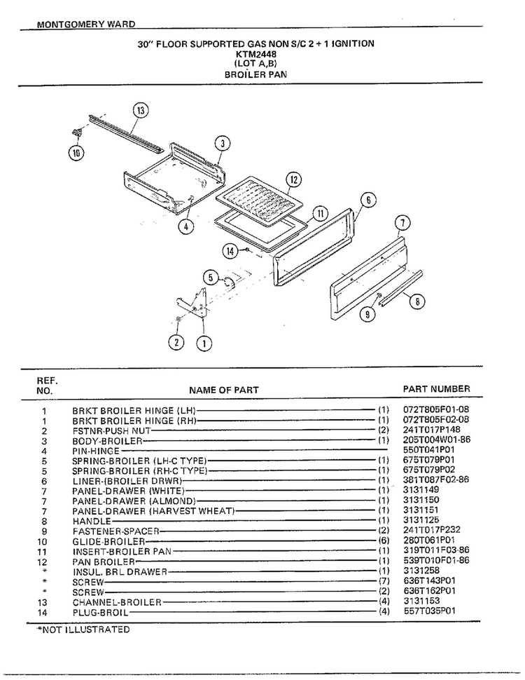 30" Floor Supported Broiler Pan Diagram and Parts List for 2448A  Frigidaire Range