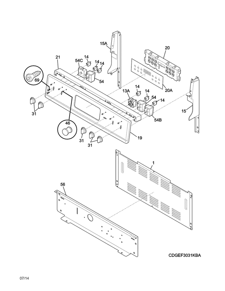 Backguard Diagram and Parts List for DGEF3041KFN  Frigidaire Range