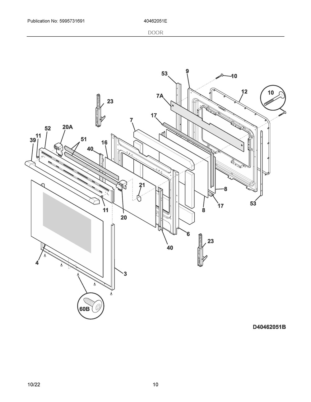 Door Diagram and Parts List for 40462051E  Frigidaire Range