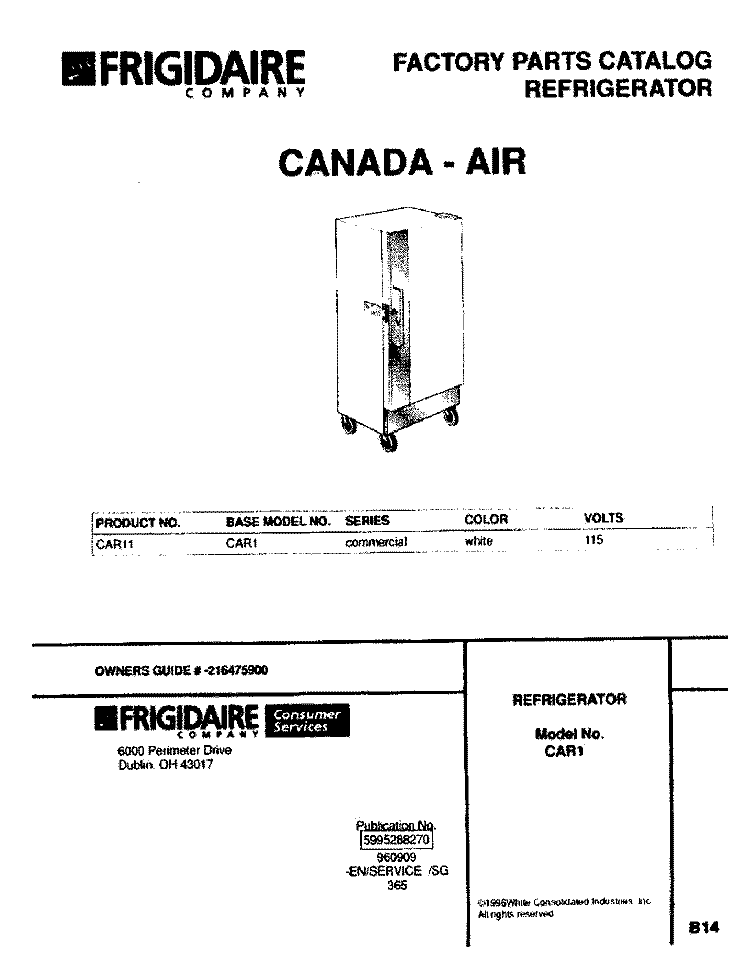 COVER Diagram and Parts List for CAR11  Frigidaire Refrigerator