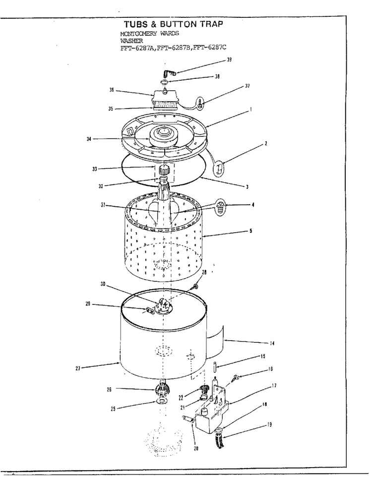 Tubs/button Trap Diagram and Parts List for 6287C  Frigidaire Washer