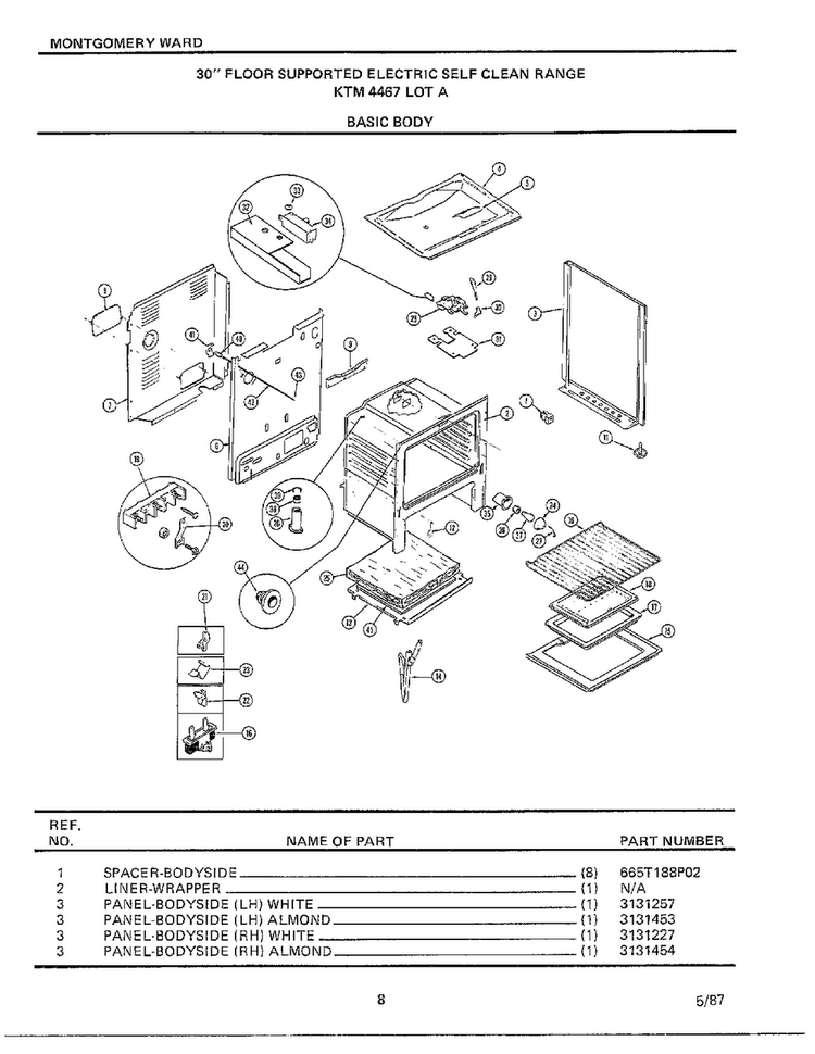 Basic Body Diagram and Parts List for 4467A  Frigidaire Range