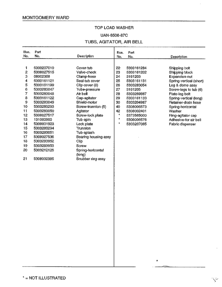 Tubs/agitator/air Bell Page 2 Diagram and Parts List for 6506-87C  Frigidaire Washer