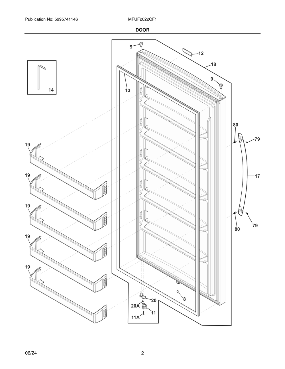 Door Diagram and Parts List for MFUF2022CF1  Frigidaire Freezer