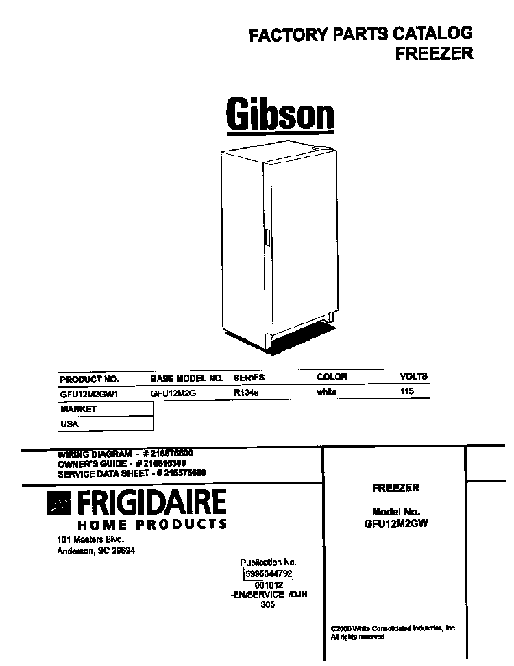 Cover Diagram and Parts List for GFU12M2GW1  Gibson Freezer