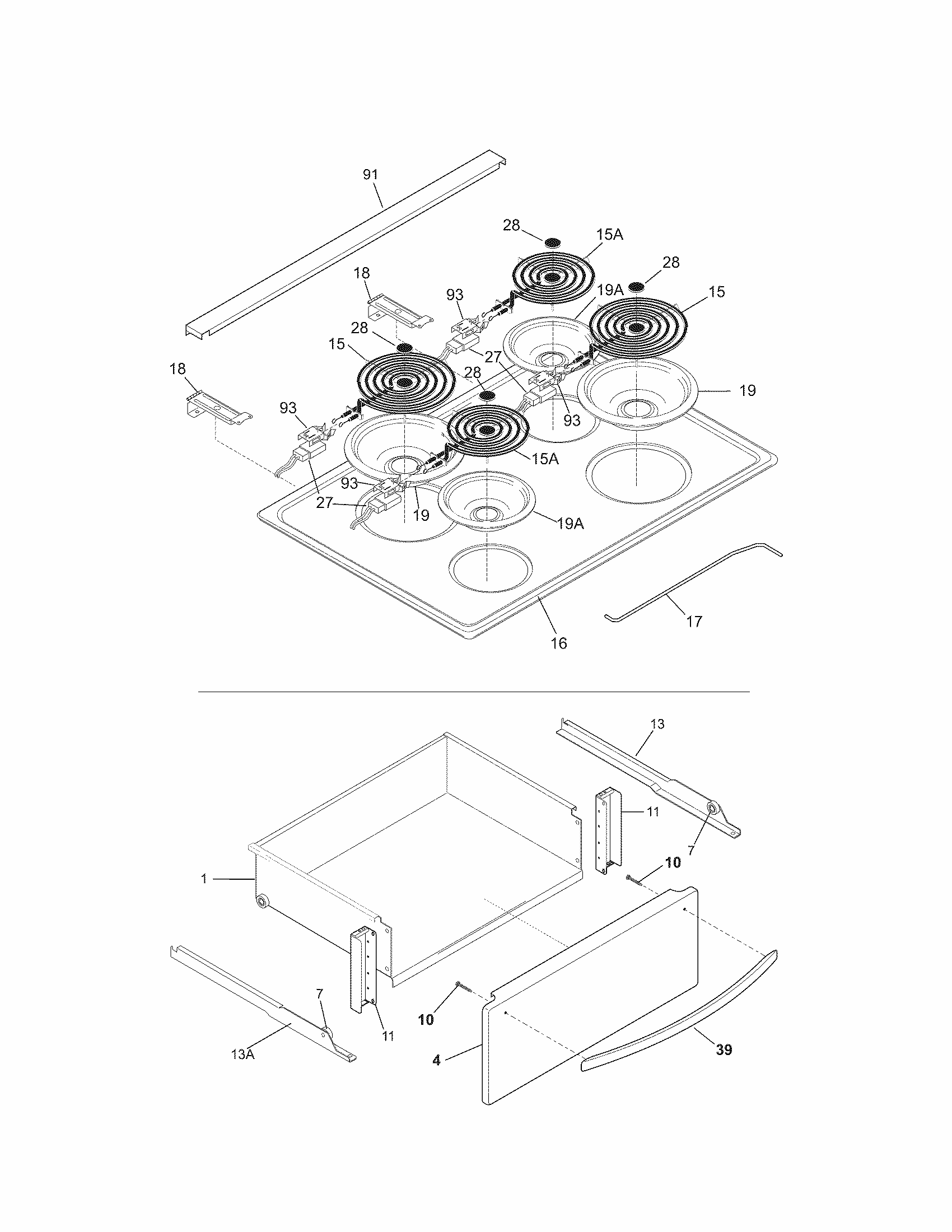 Top/drawer Diagram and Parts List for 79046763904  Kenmore Range