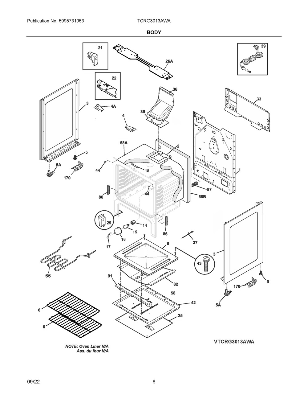 Body Diagram and Parts List for TCRG3013AWA  Frigidaire Range