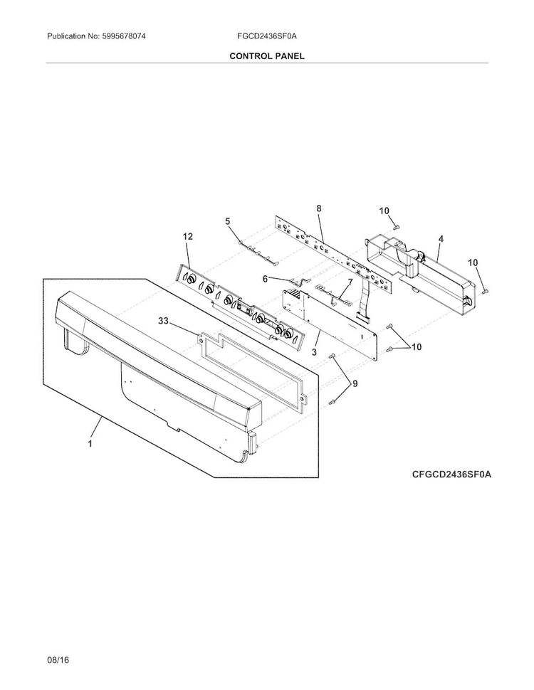Control Panel Diagram and Parts List for FGCD2436SF0A  Frigidaire Dishwasher