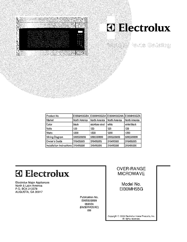 COVER Diagram and Parts List for EI30MH55GSA  Electrolux Microwave