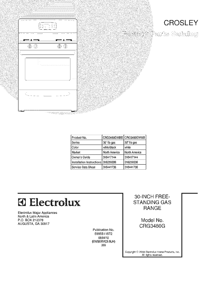 COVER Diagram and Parts List for CRG3480GWWB  Crosley Range