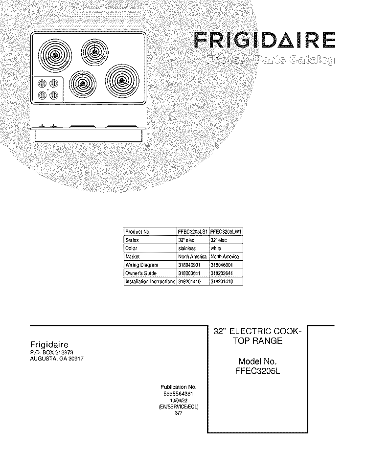 COVER Diagram and Parts List for FFEC3205LS1  Frigidaire Cooktop