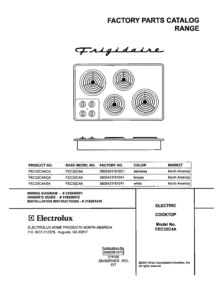 COVER Diagram and Parts List for FEC32C4ACA  Frigidaire Cooktop