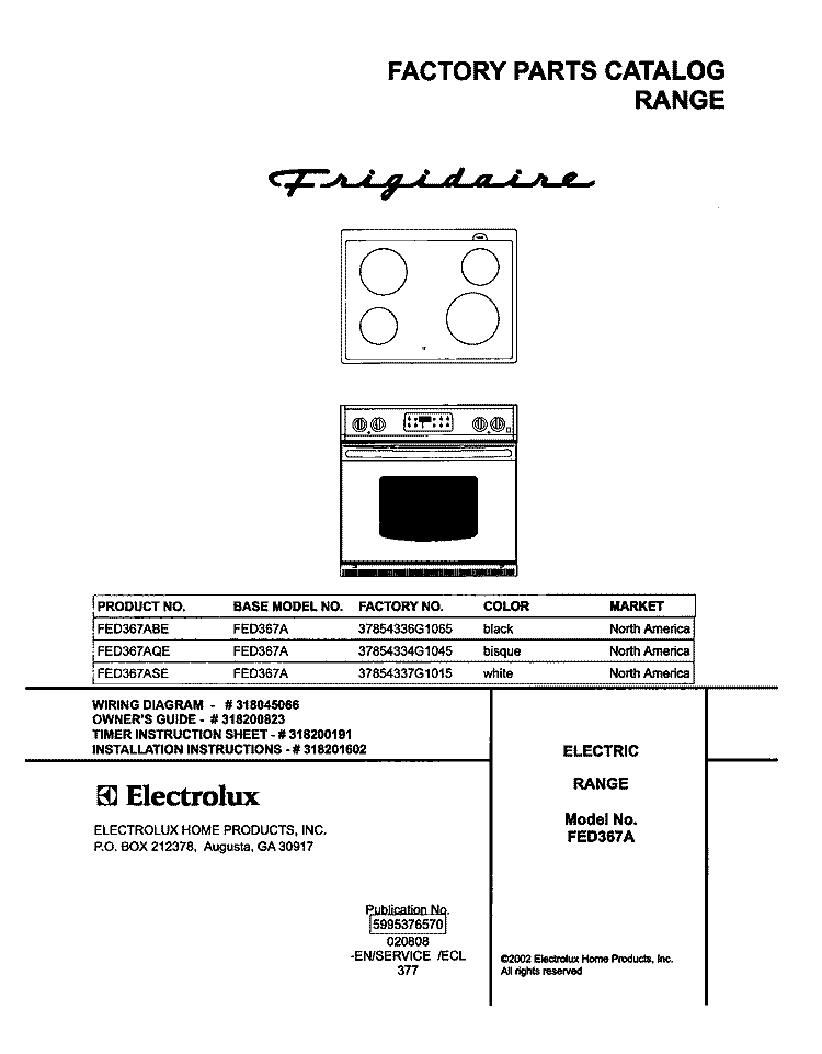 COVER Diagram and Parts List for FED367AQE  Frigidaire Range