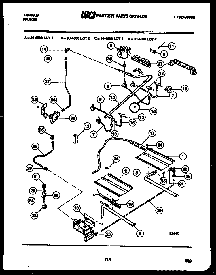 BURNER, MANIFOLD AND GAS CONTROL Diagram and Parts List for 30-4688-00-04  Tappan Range