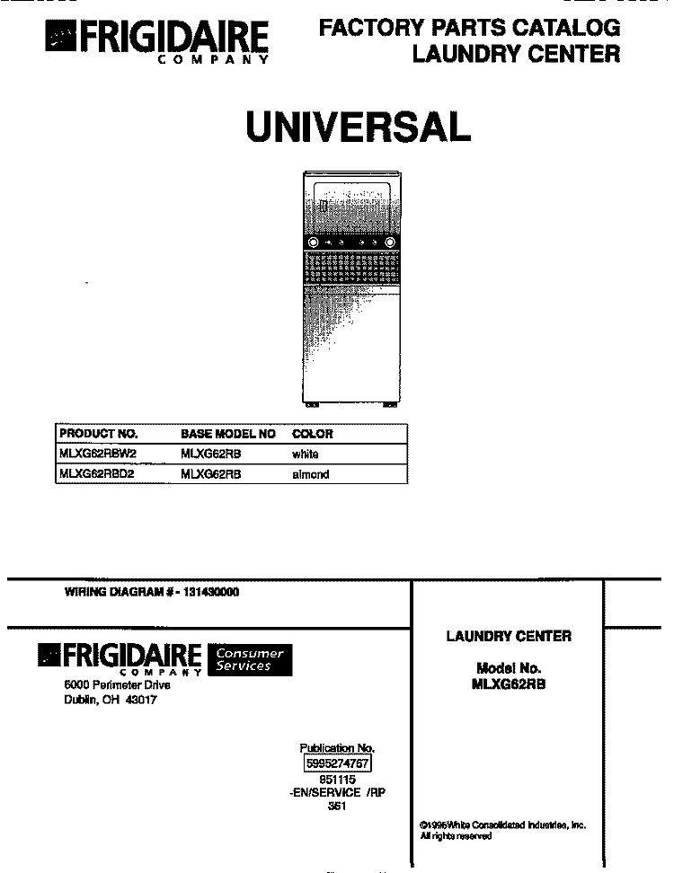 COVER Diagram and Parts List for MLXG62RBW2  Frigidaire Washer Dryer Combo