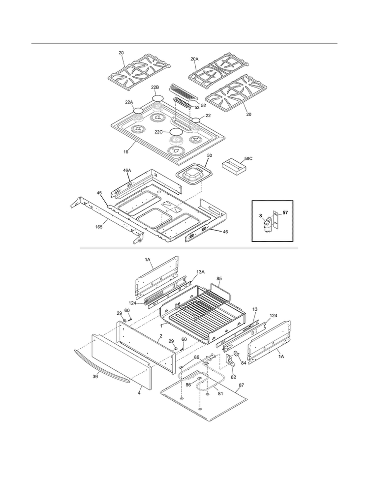Top/drawer Diagram and Parts List for FGGS3065KBH  Frigidaire Range