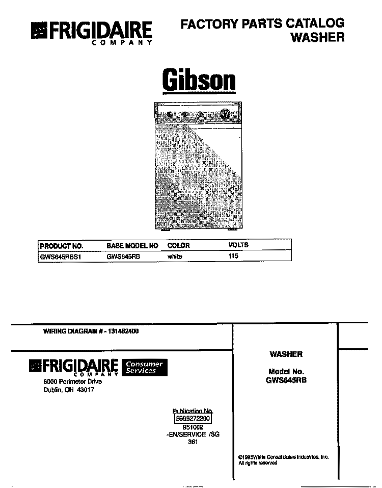 COVER Diagram and Parts List for GWS645RBS1  Gibson Washer