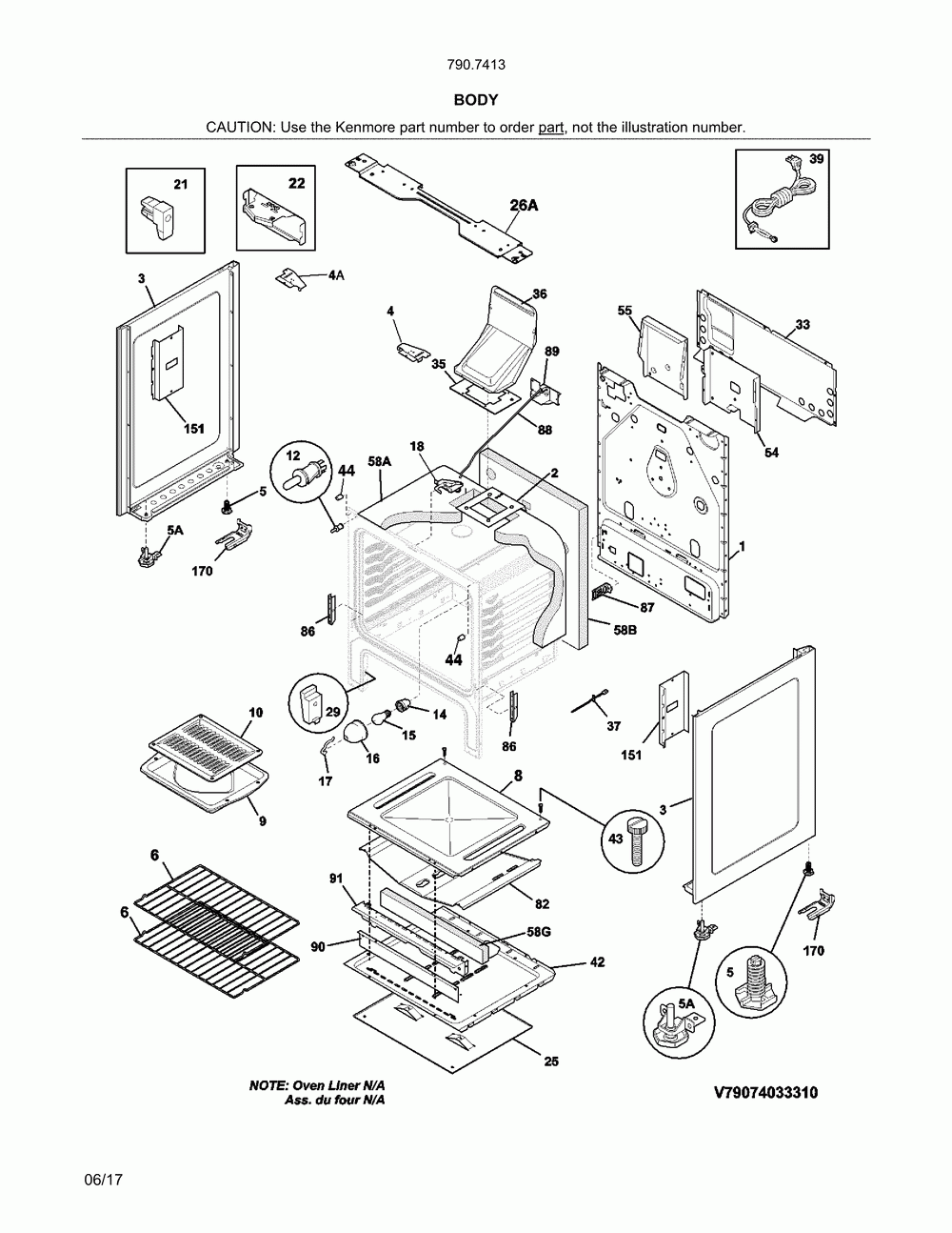 Body Diagram and Parts List for 79074134314  Kenmore Range