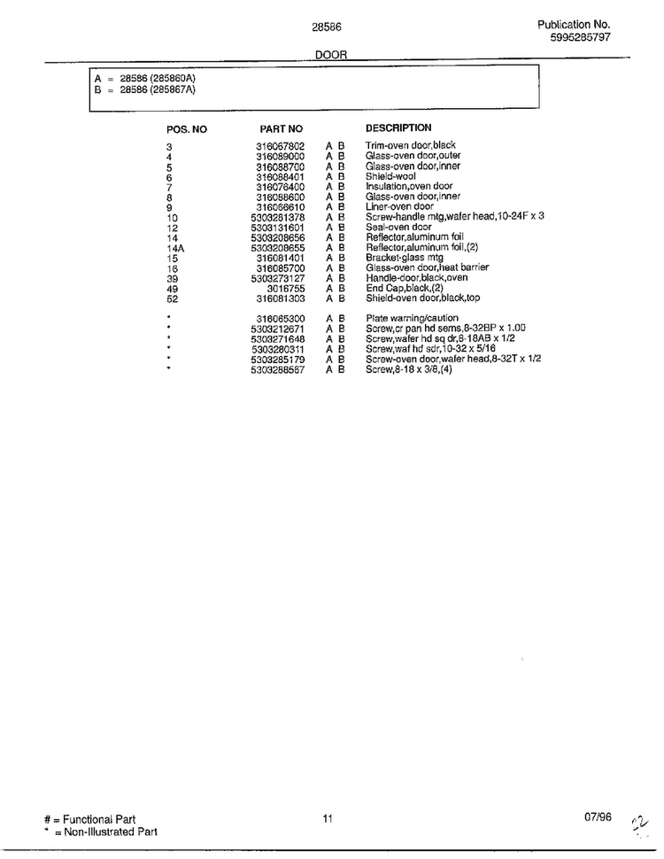Door Page 2 Diagram and Parts List for 285860A  Frigidaire Range