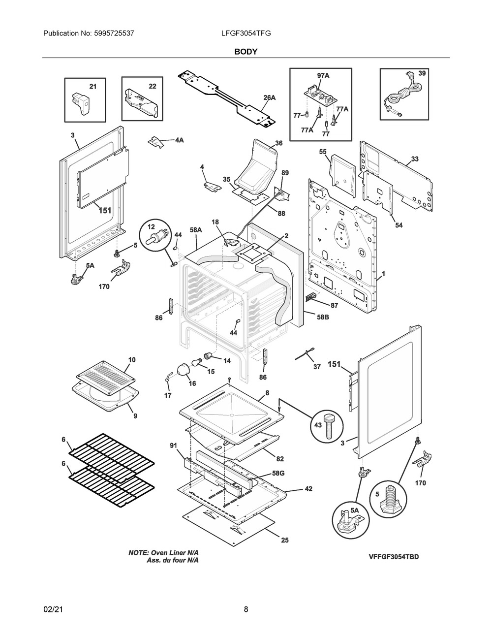 Body Diagram and Parts List for LFGF3054TFG  Frigidaire Range