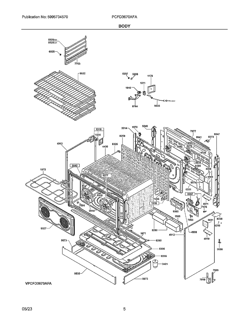 Body Diagram and Parts List for PCFD3670AFA  Frigidaire Range