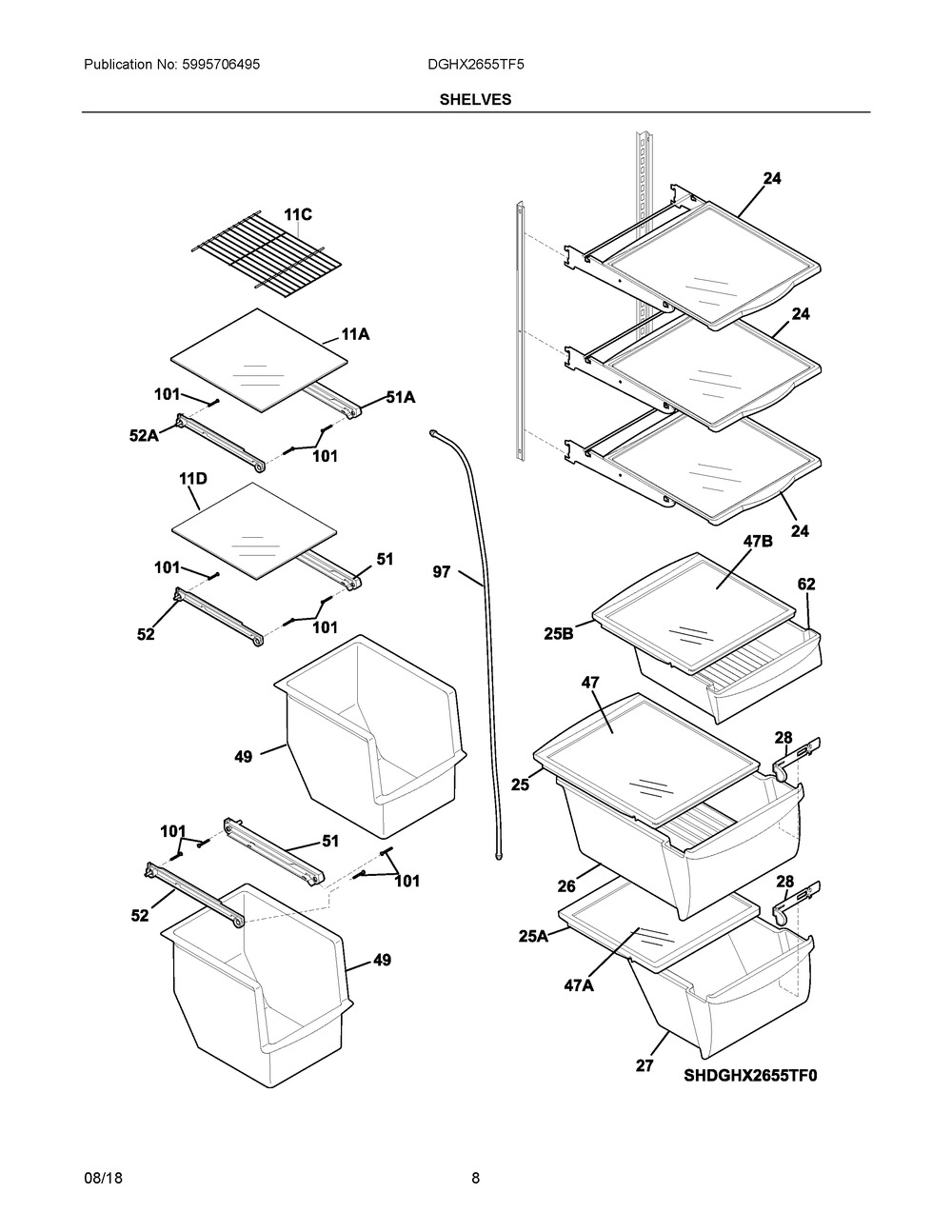 Shelves Diagram and Parts List for DGHX2655TF5  Frigidaire Refrigerator