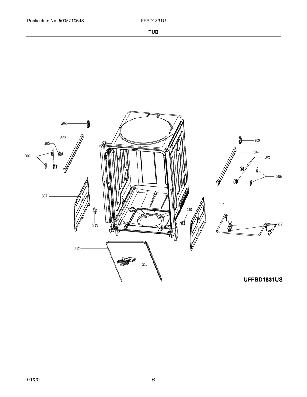 Tub Diagram and Parts List for FFBD1831UB  Frigidaire Dishwasher
