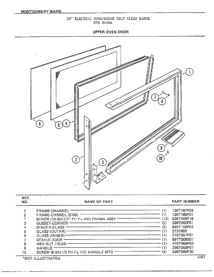 Upper Oven Door Diagram and Parts List for 8468A  Frigidaire Range