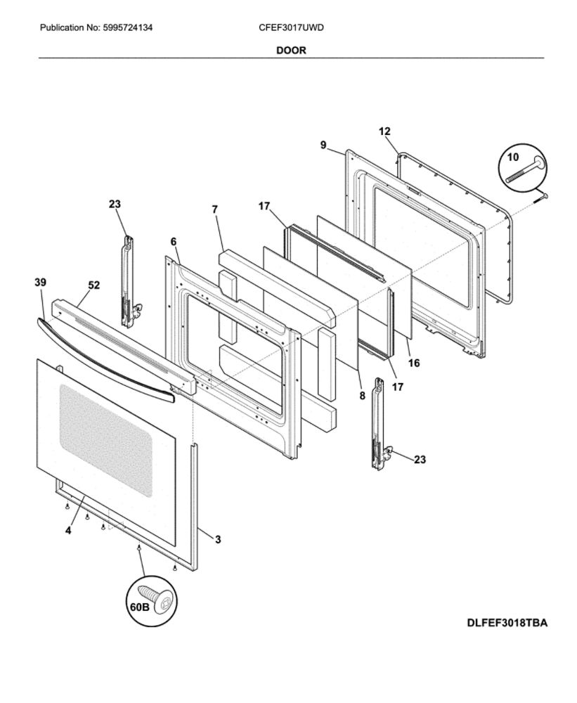 Door Diagram and Parts List for CFEF3017UWD  Frigidaire Range