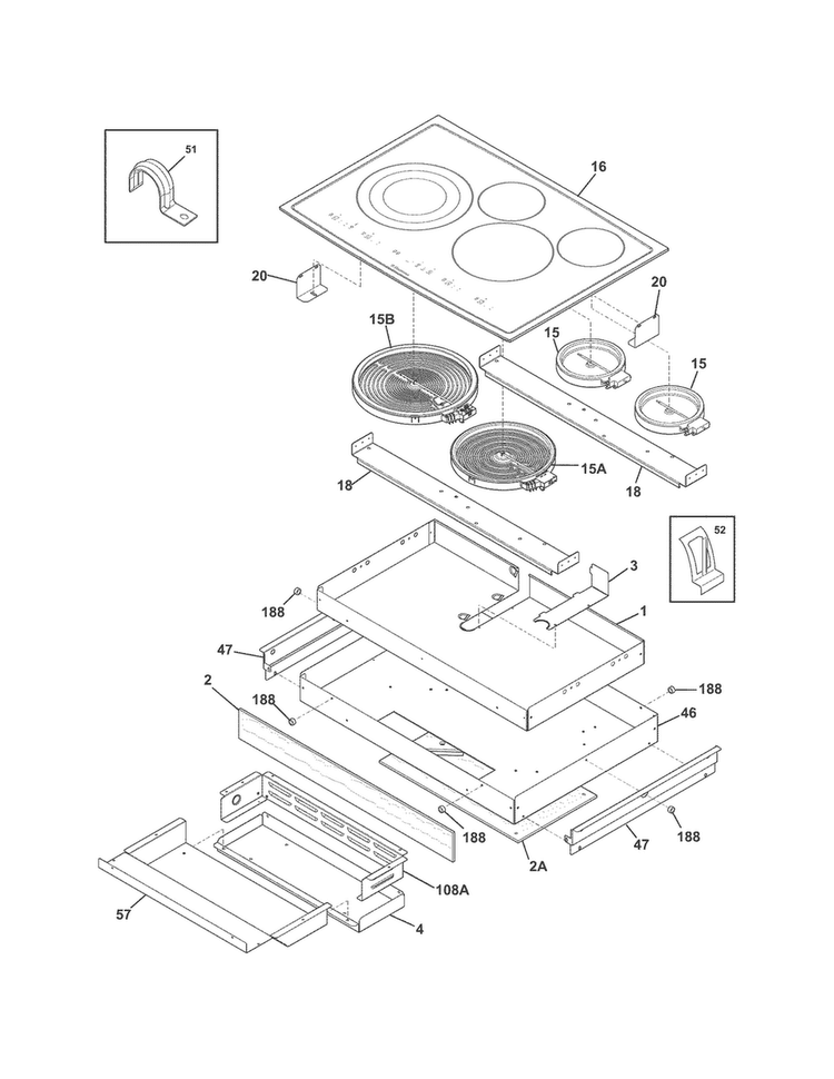 Main Top/surface Units Diagram and Parts List for EI30EC45KB1  Electrolux Cooktop