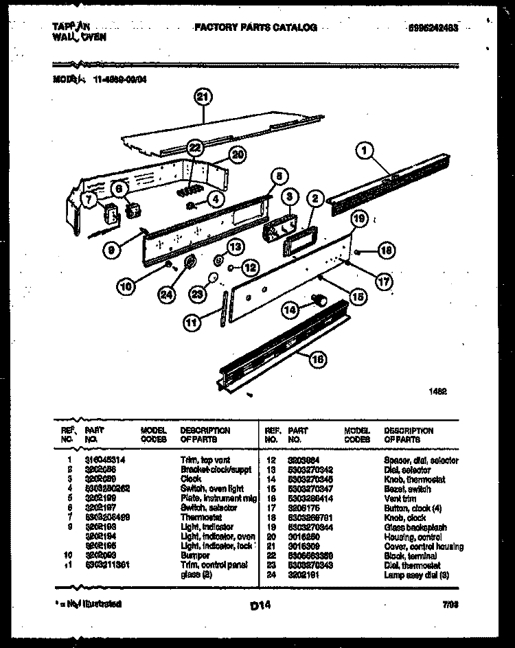 CONTROL PANEL Diagram and Parts List for 11-4989-00-04  Tappan Wall Oven