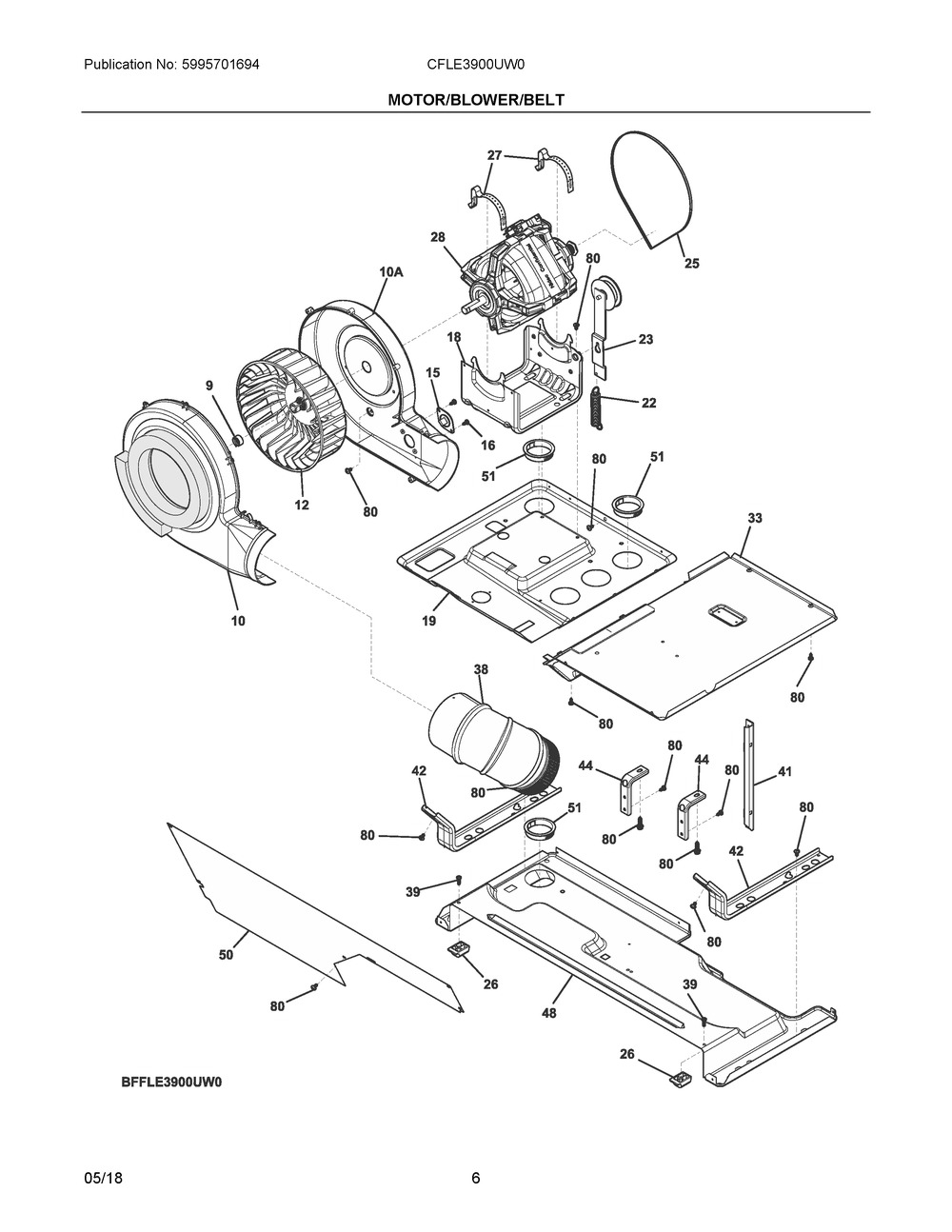 Motor/blower/belt Diagram and Parts List for CFLE3900UW0  Frigidaire Dryer
