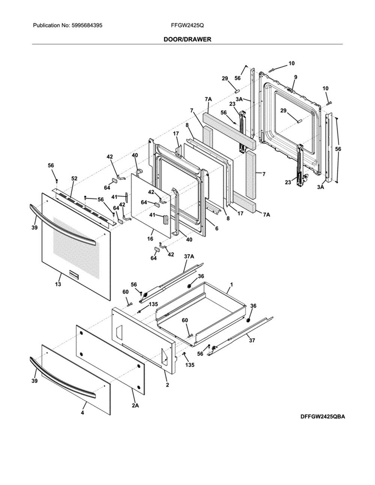 Door/drawer Diagram and Parts List for FFGW2425QBB  Frigidaire Wall Oven