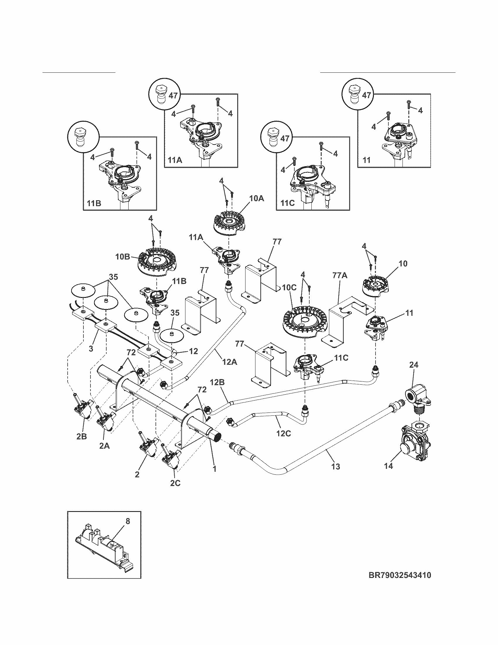 Burner Diagram and Parts List for 79032543410  Kenmore Cooktop