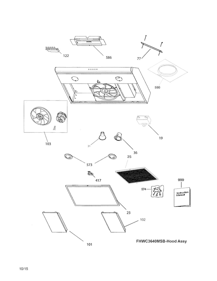 Replacement Parts Diagram and Parts List for FHWC3040MSB  Frigidaire Range Hood