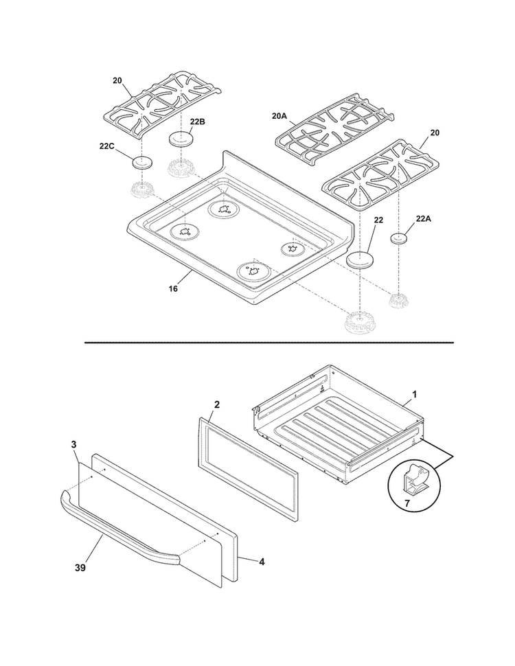 Top/drawer Diagram and Parts List for FFGF3027LSF  Frigidaire Range