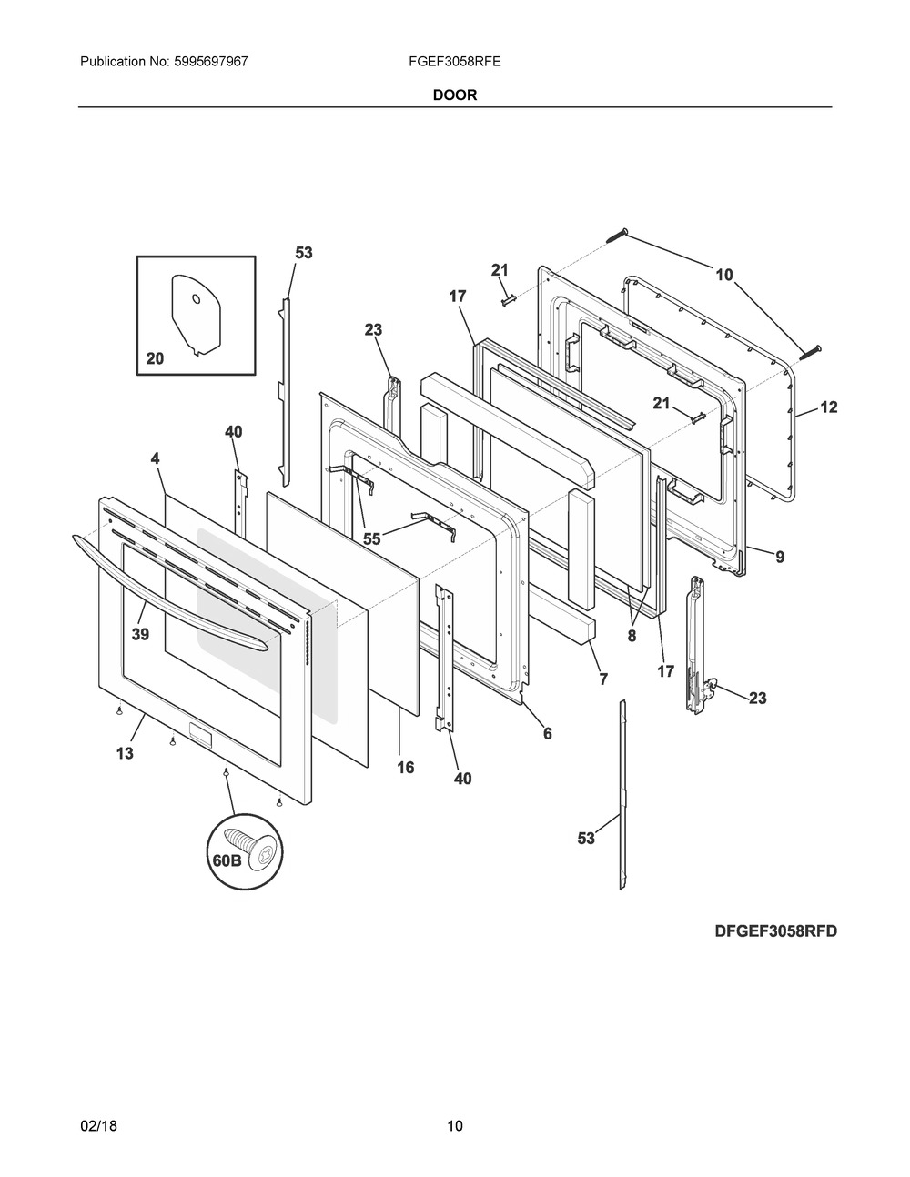 Door Diagram and Parts List for FGEF3058RFE  Frigidaire Range
