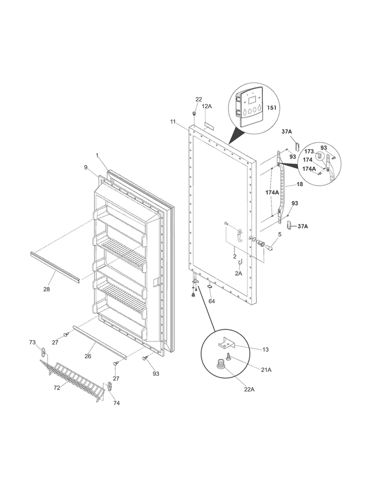 Door Diagram and Parts List for 253284598011  Kenmore Freezer