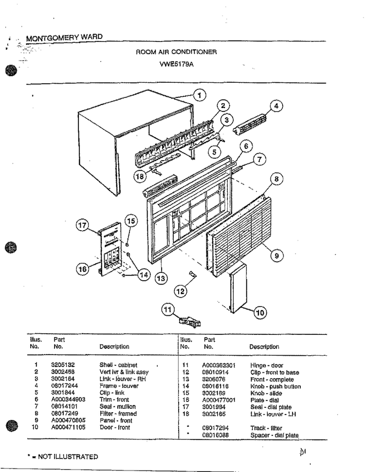 Room Air Conditioner Diagram and Parts List for 5179A  Frigidaire Air Conditioner