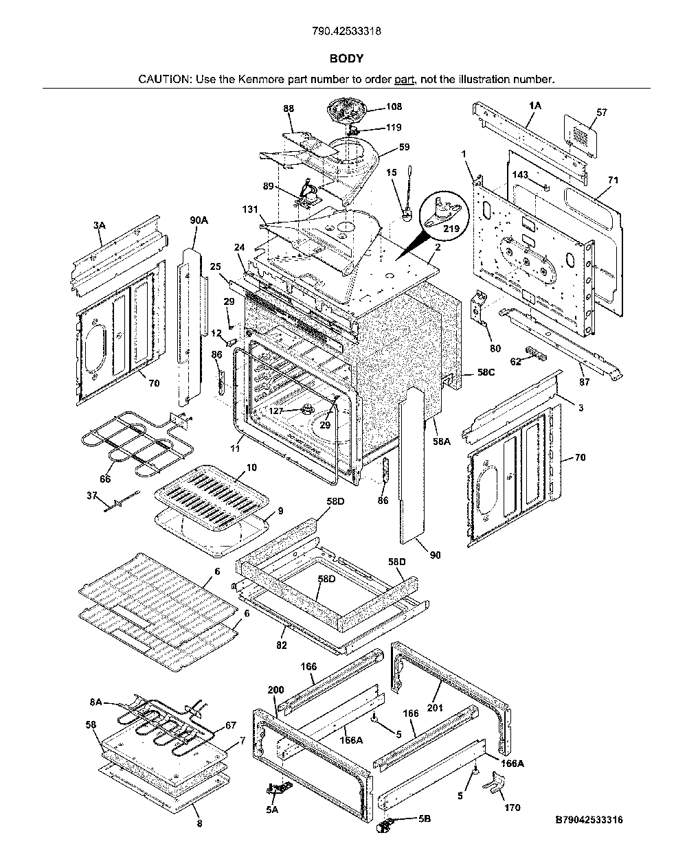 Body Diagram and Parts List for 79042533318  Kenmore Range