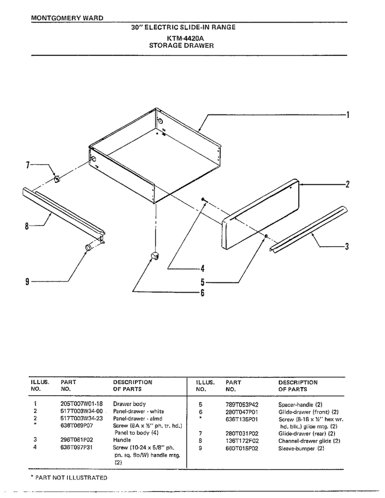 30" Electric Ranbe/storage Drawer Diagram and Parts List for 4420A  Frigidaire Range