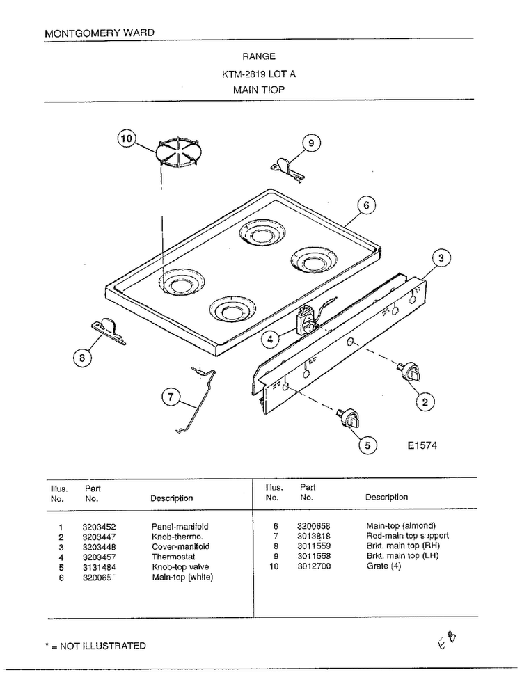 Range- Main Top Diagram and Parts List for 2819A  Frigidaire Range
