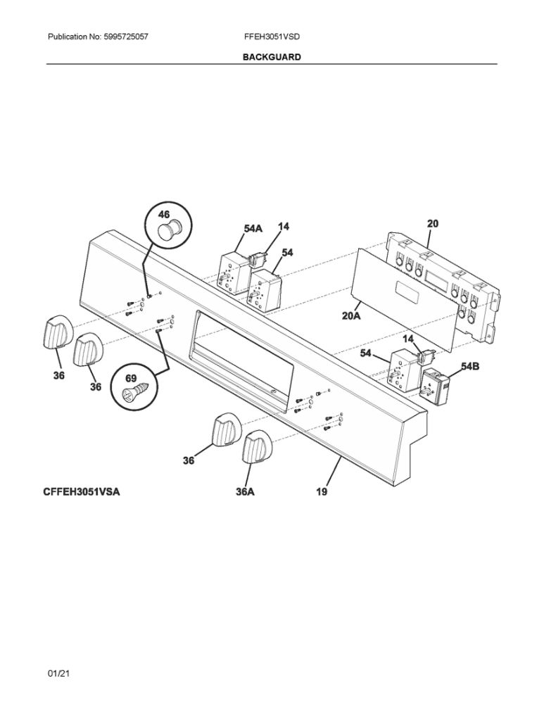 Backguard Diagram and Parts List for FFEH3051VSD  Frigidaire Range