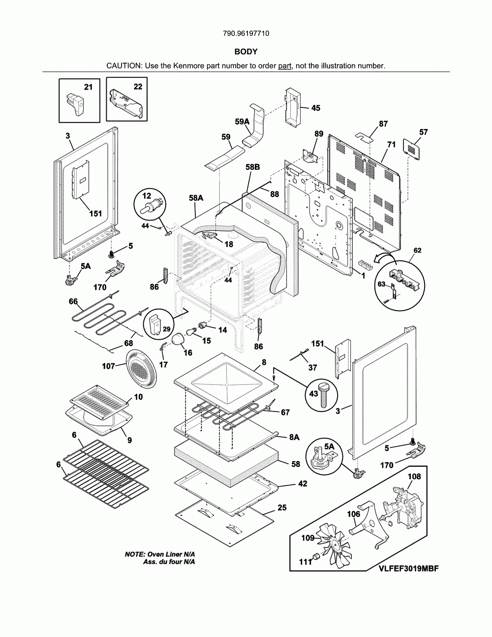 Body Diagram and Parts List for 79096197710  Kenmore Range
