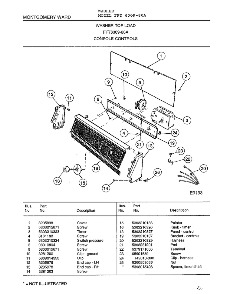 Console Controls Diagram and Parts List for 6009-80A  Frigidaire Washer