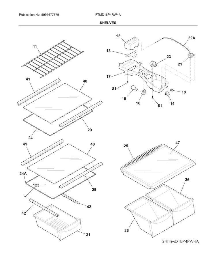 Shelves Diagram and Parts List for FTMD18P4RW4A  Frigidaire Refrigerator